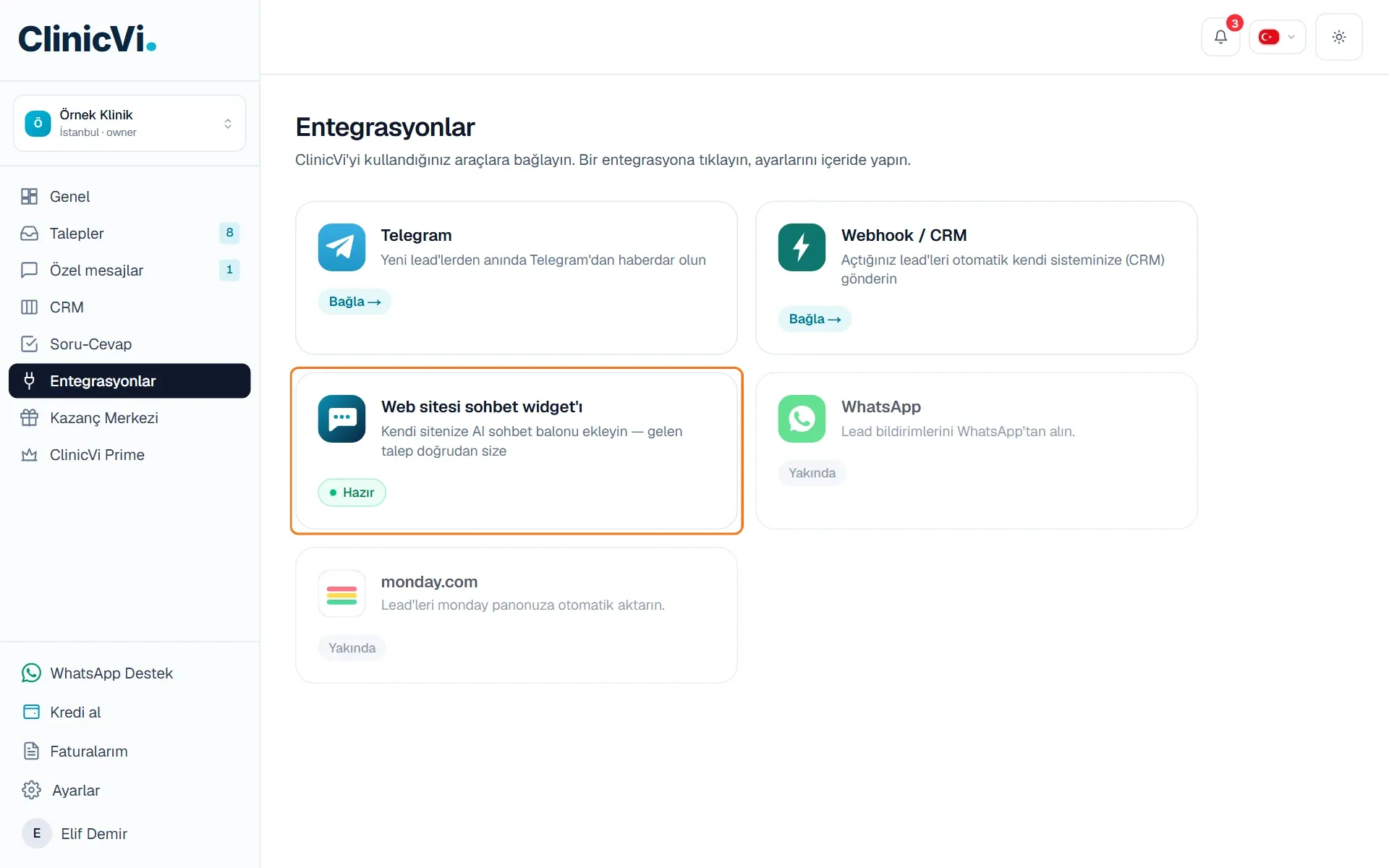 Entegrasyonlar sayfasında Web sitesi sohbet widget’ı kartı