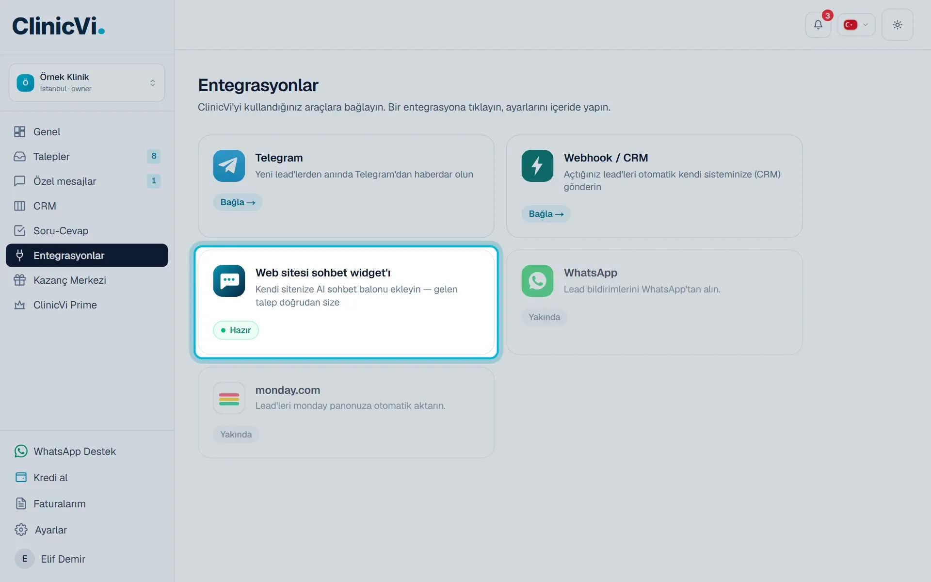 Entegrasyonlar sayfasında Web sitesi sohbet widget’ı kartı