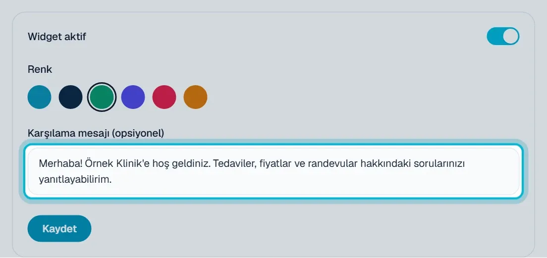 Renk seçimi ve Karşılama mesajı kutusu