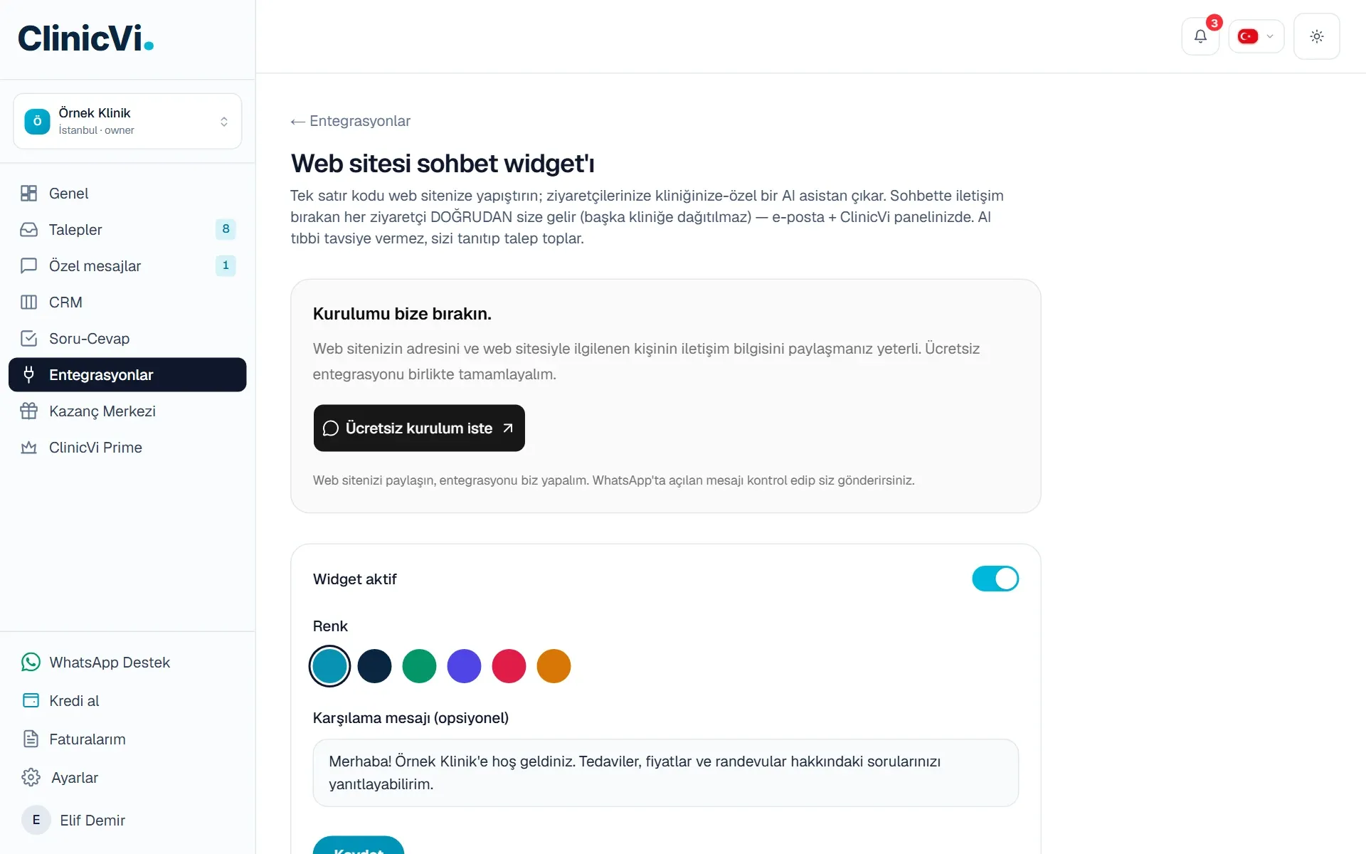 Web sitesi sohbet widget’ı sayfası