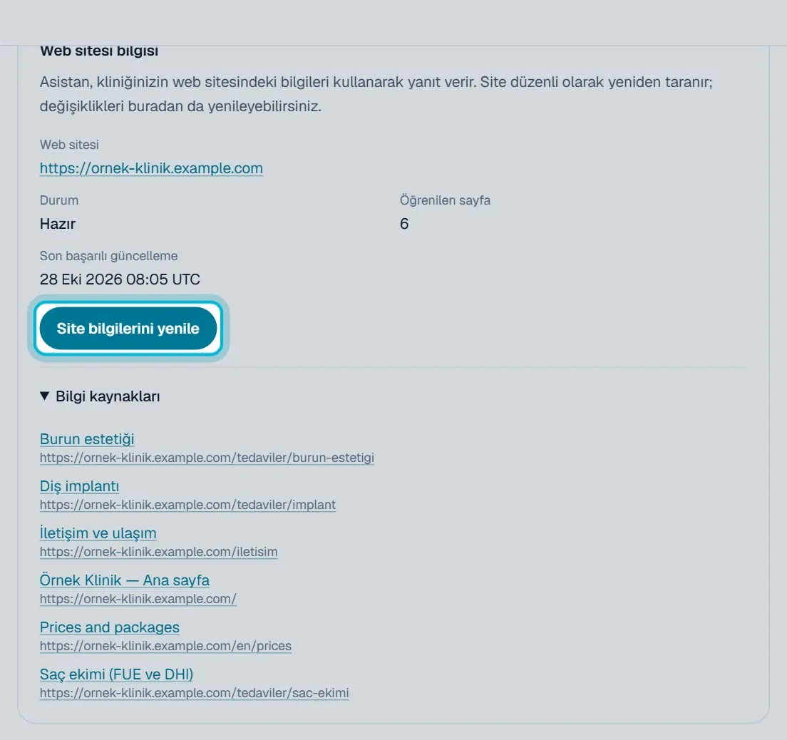 Web sitesi bilgisi bölümü, Site bilgilerini yenile düğmesi ve Bilgi kaynakları listesi